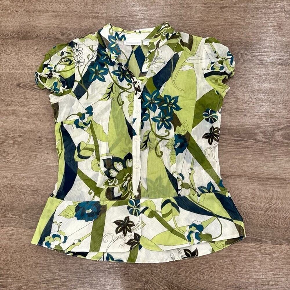 Worthington Women's Size 8‎ Y2K Babydoll Top Blouse Green Floral 70s Print Sheer